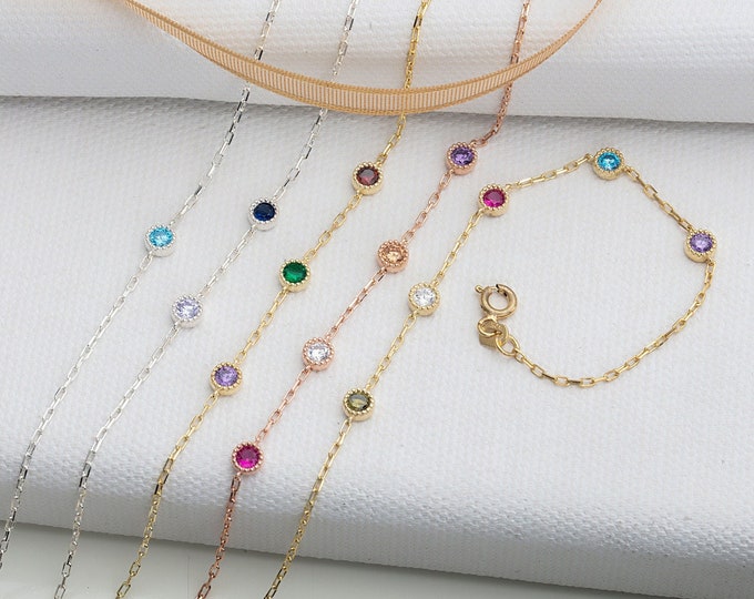 Gifts For Mother's Day, 14K Gold Spaced Birthstone Bracelets, Personalized Silver Birthstone Bracelet, Birthday Gift For Grandmas, Moms Gift