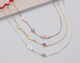 Gifts For Mother's Day, 14K Gold Sideways Birthstone Letter Necklace, Personalized Gift, Silver Name Initial Necklace, Birthday Gift For Mom
