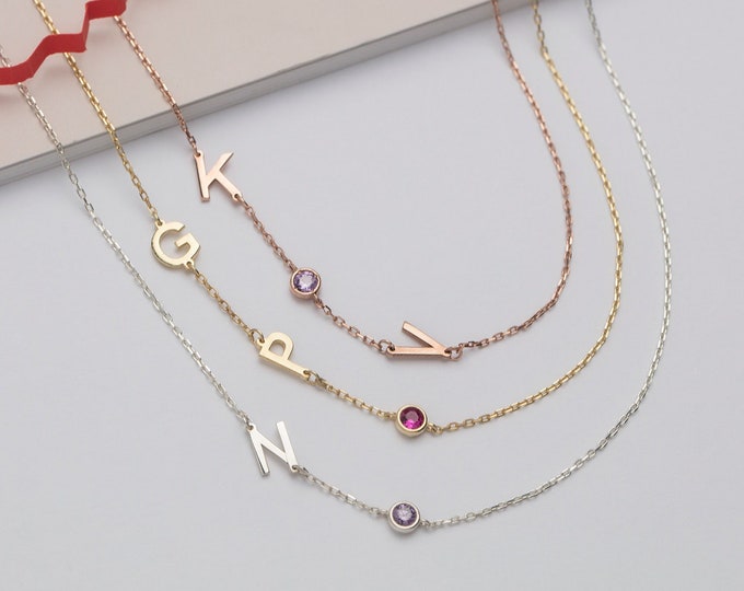 Gifts For Mother's Day, 14K Gold Sideways Birthstone Letter Necklace, Personalized Gift, Silver Name Initial Necklace, Birthday Gift For Mom
