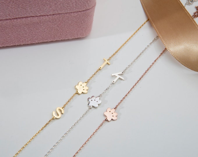 Gifts For Mother's Day, 14K Gold Pets Name Initial Bracelets, Silver Cat Dog Paw Letter Bracelet, Best Memorial Gifts. Gift For Pets Mothers