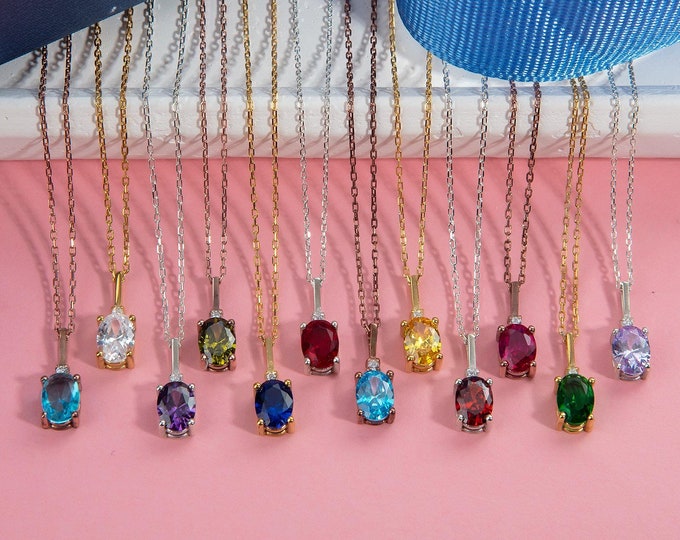 Gifts For Mother's Day, 18K Gold Oval Birthstone Necklaces, Personalized Jewelry, Silver Oval Gemstone Pendants, Custom Made Birthday Gifts