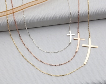 14K Gold Side Cross Necklaces, 18K Curved Sideways Cross Pendants, Birthday Gifts, Religious Jewelry, Gifts For Her, Best Gift For Mothers