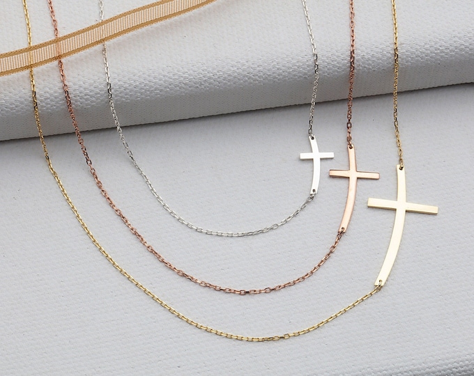 Gifts For Mother's Day, 14K Gold Side Cross Necklaces, 18K Curved Sideways Cross Pendants, Birthday Gifts, Religious Jewelry, Gifts For Her