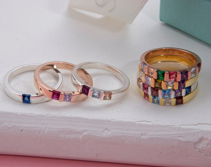 Gifts For Mother's Day, 14K Gold Family Birthstone Rings For Mom, Silver Princess Shape Initial Birthstone Ring, Personalized Birthday Gifts