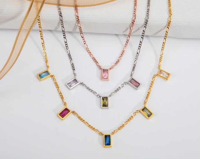 Gifts For Mother's Day, 14K Gold Birthstone Figaro Chain Necklaces, Personalized Gifts, Silver Baguette Birthstone Necklaces, Gifts For Her