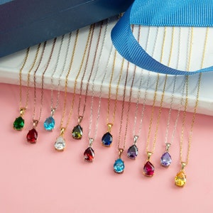Colares com pedra do mês em forma de lágrima de ouro 14K para mulheres, presentes personalizados para mães, delicados pingentes de pedra do mês em forma de pera de prata, o melhor presente para mães