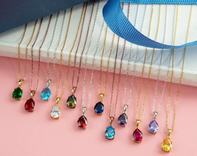 Gifts For Mother's Day, 14K Gold Teardrop Birthstone Necklaces For Women, Personalized Gifts For Mom, Dainty Silver Pear Birthstone Pendants