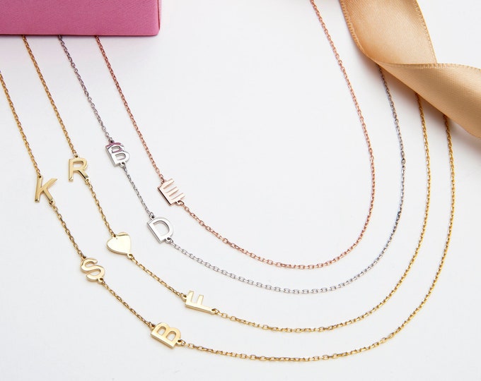 Gifts For Mother's Day, 14K Gold Sideways Initial Necklaces, Custom Made Jewelry, Silver Name Letter Necklaces For Women, Personalized Gifts