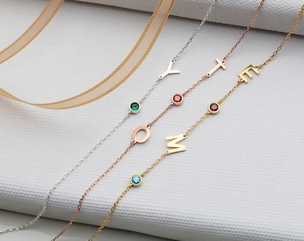 Gifts For Mother's Day, 14K Gold Initial Birthstone Bracelets, Sterling Silver Letter Birthstone Bracelet, Custom Made Birthday Gift For Mom