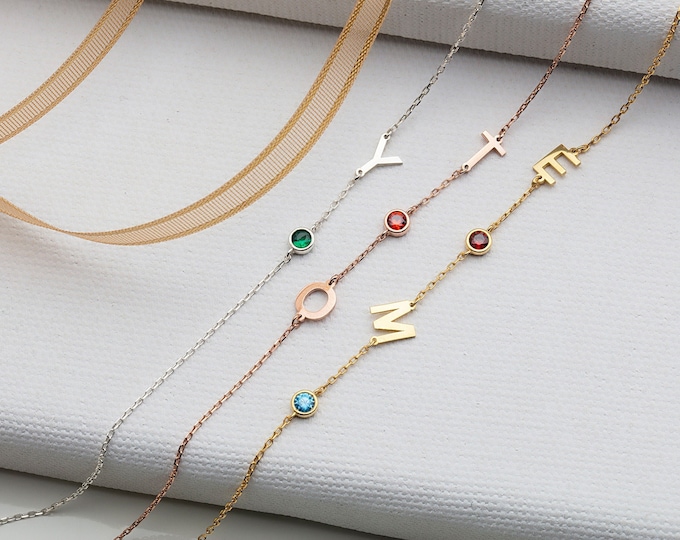Gifts For Mother's Day, 14K Gold Initial Birthstone Bracelets, Sterling Silver Letter Birthstone Bracelet, Custom Made Birthday Gift For Mom