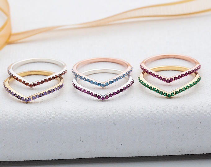 Gifts For Mother's Day, 10K Half Infinity Birthstone Rings, Silver Stacking Birthstone Rings, V Midi Half Eternity Rings, Personalized Gifts