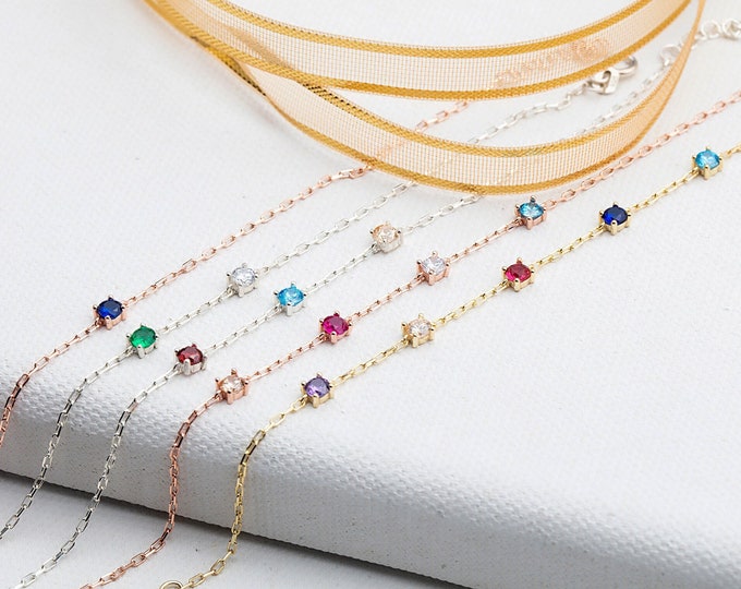 Gifts For Mother's Day, 14K Gold Four Claw Birthstone Bracelets, Silver Spaced Multiple Birthstone Bracelets, Custom Made Gifts For Grandmas