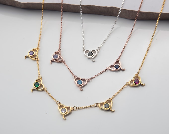 Gifts For Mother's Day, 14K Gold Heart Birthstone Necklaces, Silver Spaced Birthstone Necklaces, Personalized Gifts, Heart Gemstone Pendants