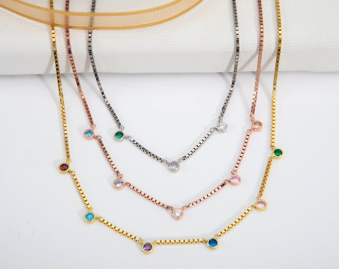 Gifts For Mother's Day, 14K Gold Plated Box Chain Birthstone Necklaces, Personalized Birthday Gifts, Silver Birthstone Necklace For Mother's