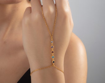 Gifts For Mother's Day, 14K Gold Hand Slave Birthstone Bracelet, Personalized Birthday Gifts, Sterling Silver Hand Chain Birthstone Bracelet