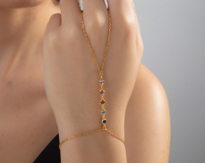 Gifts For Mother's Day, 14K Gold Hand Slave Birthstone Bracelet, Personalized Birthday Gifts, Sterling Silver Hand Chain Birthstone Bracelet