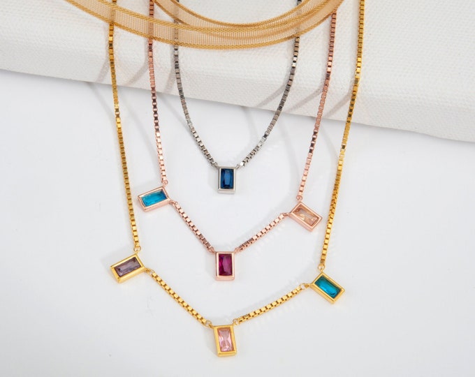 Gifts For Mother's Day, 14K Gold Plated Emerald Cut Birthstone Necklace, Personalized Gifts, Silver Birthstone Box Chain Necklace, Moms Gift