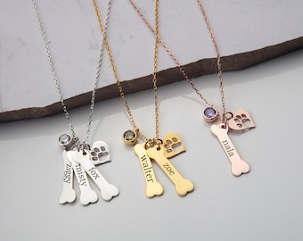 Gifts For Mother's Day, Sterling Silver Pets Name Necklace, Personalized Memorial Gifts For Pets Mom, 14K Gold Dogs Cats Birthstone Necklace