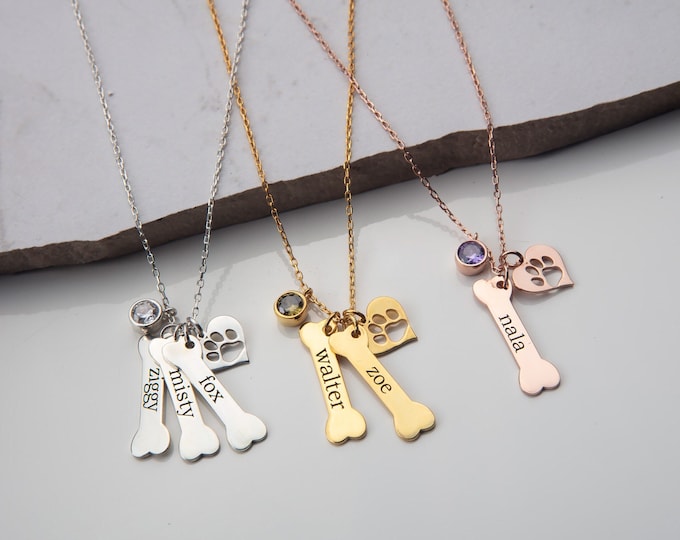 Gifts For Mother's Day, Sterling Silver Pets Name Necklace, Personalized Memorial Gifts For Pets Mom, 14K Gold Dogs Cats Birthstone Necklace