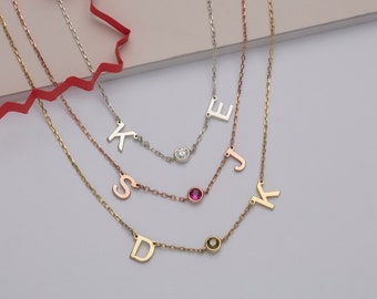 Gifts For Mother's Day, 18K Solid Gold Initials Birthstone Necklaces, Gifts For Mom, 14K Birthstone Name Letter Pendants, Personalized Gifts