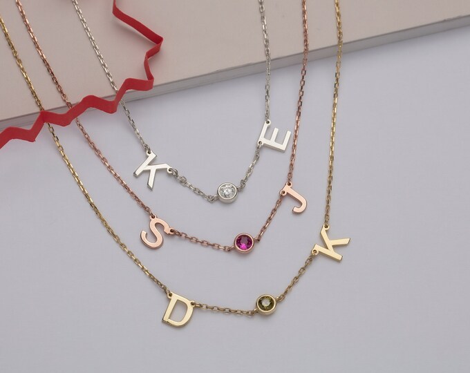 Gifts For Mother's Day, 18K Solid Gold Initials Birthstone Necklaces, Gifts For Mom, 14K Birthstone Name Letter Pendants, Personalized Gifts