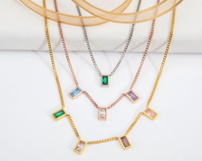Gifts For Mother's Day, 14K Gold Birthstone Curb Chain Necklaces, Personalized Gifts For Women, Silver Baguette Multiple Birthstone Necklace