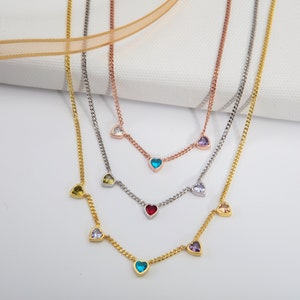 14K Gold Heart Birthstone Necklace For Mom, Personalized Birthday Gifts, Silver Birthstone Curb Cuban Chain Necklace, Best Gift For Mothers