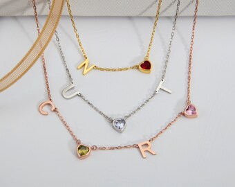 Gifts For Mother's Day, Silver Letter Birthstone Necklace, 14K Gold Heart Birthstone Necklace, 18K Name Initials Pendants, Personalized Gift