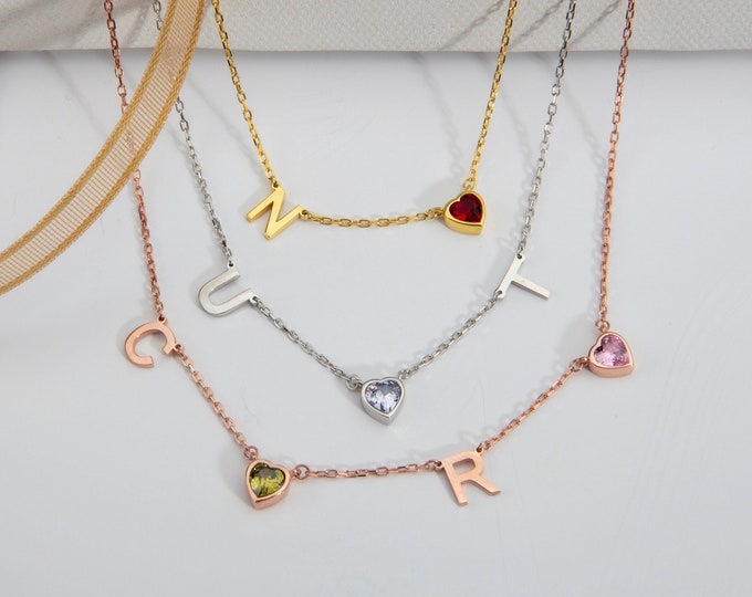 Gifts For Mother's Day, Silver Letter Birthstone Necklace, 14K Gold Heart Birthstone Necklace, 18K Name Initials Pendants, Personalized Gift
