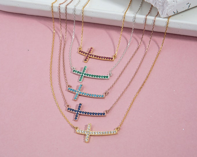 Gifts For Mother's Day, 14K Gold Curve Cross Birthstone Necklaces, Birthstone Jewelry, Silver Horizontal Cross Pendants, Personalized Gifts