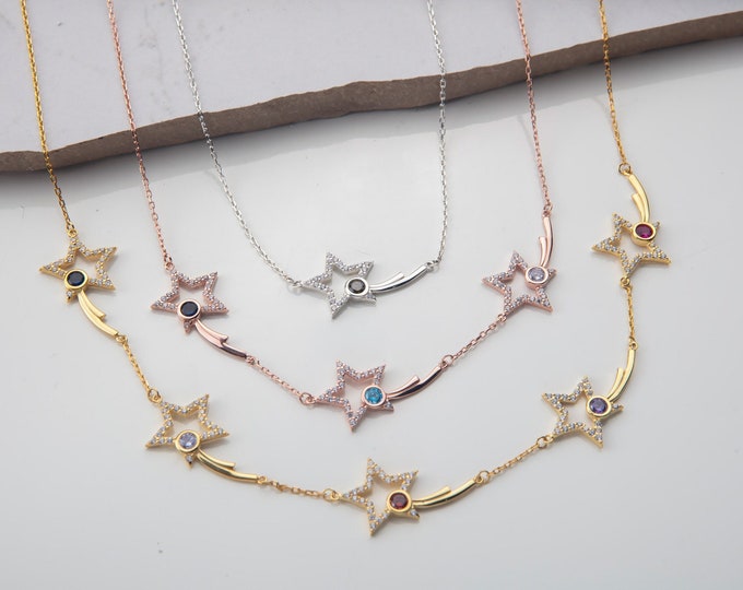 Gifts For Mother's Day, Silver Birthstone Necklace For Women, Personalized Gifts For Mom, 14K Gold Comet Star Pendant, Birthday Gift For Her