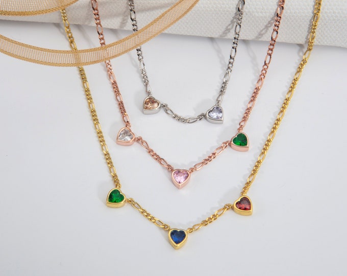 Gifts For Mother's Day, 14K Gold Heart Birthstone Necklace, Personalized Gift, Silver Birthstone Figaro Chain Necklace, Custom Birthday Gift