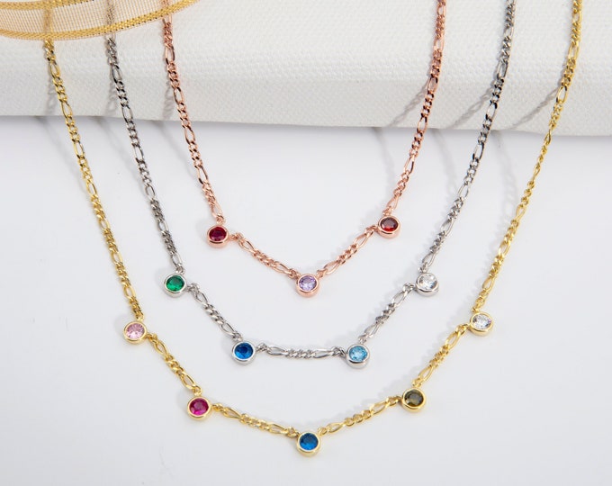 Gifts For Mother's Day, 14K Gold Birthstone Figaro Chain Necklaces, Personalized Gifts For Women, Silver Spaced Multiple Birthstone Necklace