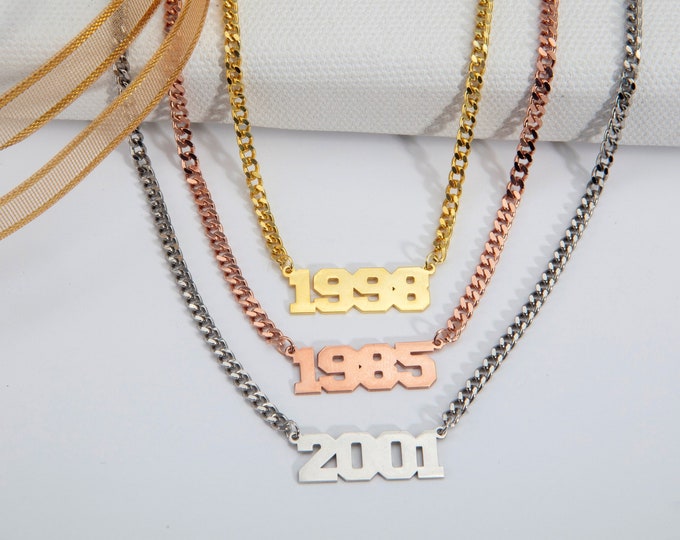 Gifts For Mother's Day, Silver Child's Birth Date Necklaces For Mom, 14K Gold Lucky Number Curb Chain Necklace, Personalized Gifts For Women