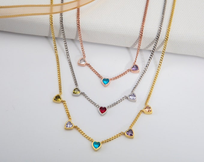 Gifts For Mother's Day, 14K Gold Heart Birthstone Necklace For Mom, Personalized Birthday Gifts, Silver Birthstone Curb Cuban Chain Necklace