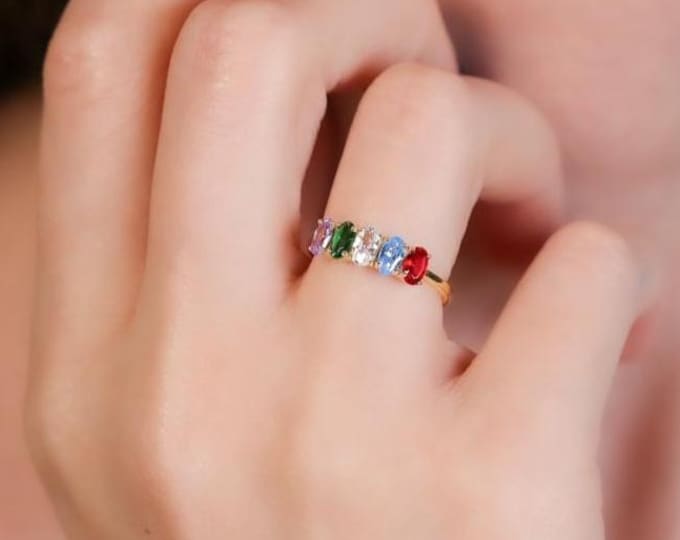 Gifts For Mother's Day, 14K Gold Oval Shape Birthstone Ring, Multiple Birthstone Family Rings For Mom, 10K Gemstone Ring, Personalized Gifts