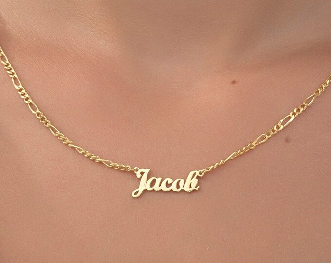 Gifts For Mother's Day, Sterling Silver Figaro Chain Name Necklace, 14K Dainty Gold Name Pendant, Unique Gifts For Her, Personalized Jewelry