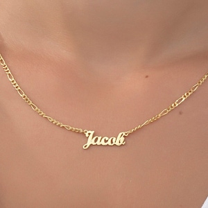 Sterling Silver Figaro Chain Name Necklace, 14K Dainty Gold Name Pendant, Unique Gifts For Her, Personalized Jewelry, Best Gift For Mothers