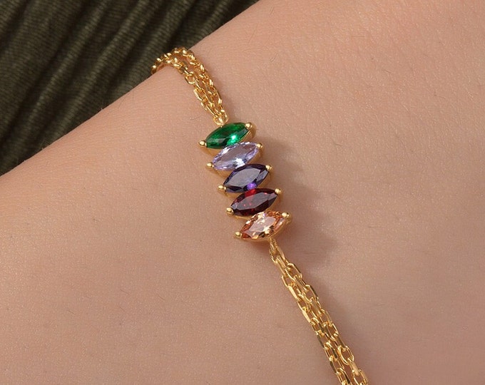Gifts For Mother's Day, Marquise Shaped Birthstone Bracelet, Personalized Gifts, Custom Made Gold Birthstone Bracelet, Birthday Gift For Mom