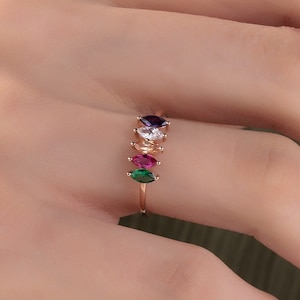 Marquise Shaped Silver Birthstone Ring, Mothers Gold Birthstone Ring, Personalized Gifts, Birthday Gift For Grandmas, Best Gift For Mothers