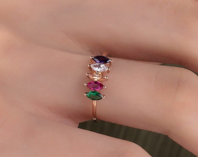 Gifts For Mother's Day, Marquise Shaped Silver Birthstone Ring, Mothers Gold Birthstone Ring, Personalized Gifts, Birthday Gift For Grandmas