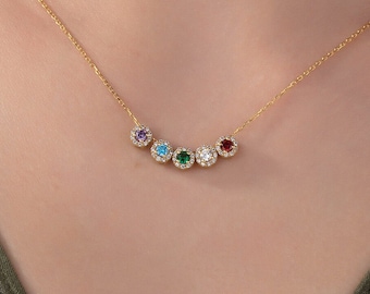 14K Gold Family Birthstone Necklace, Personalized Mother's Gift