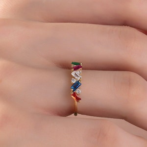 10K Gold Baguette Birthstone Rings, Mother&#39;s Family Birthstone Ring, Personalized Gifts, Birthday Gifts For Grandmas, Best Gift For Mothers