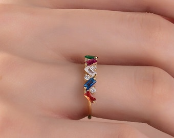 10K Gold Baguette Birthstone Rings, Mother's Family Birthstone Ring, Personalized Gifts, Birthday Gifts For Grandmas, Best Gift For Mothers