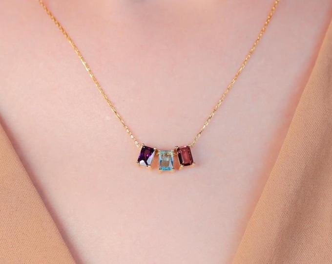 Gifts For Mother's Day, Mothers Family Birthstone Necklace, Emerald Cut Birthstone Necklaces, Birthday Gift For Grandmas, Personalized Gifts