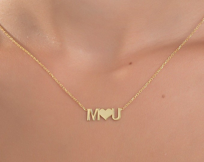 Gifts For Mother's Day, 14K Gold Name Initial Necklaces, 18K Solid Gold Letter Pendant, Personalized Gifts, Couple's Heart Initials Necklace