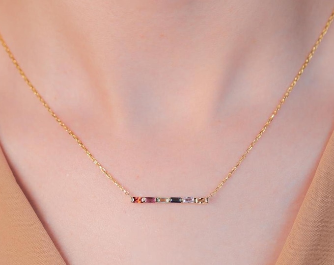 Gifts For Mother's Day, 14K Gold Baguette Birthstone Necklace, Mothers Family Birthstone Necklace, Personalized Gifts, Birthday Gift For Mom