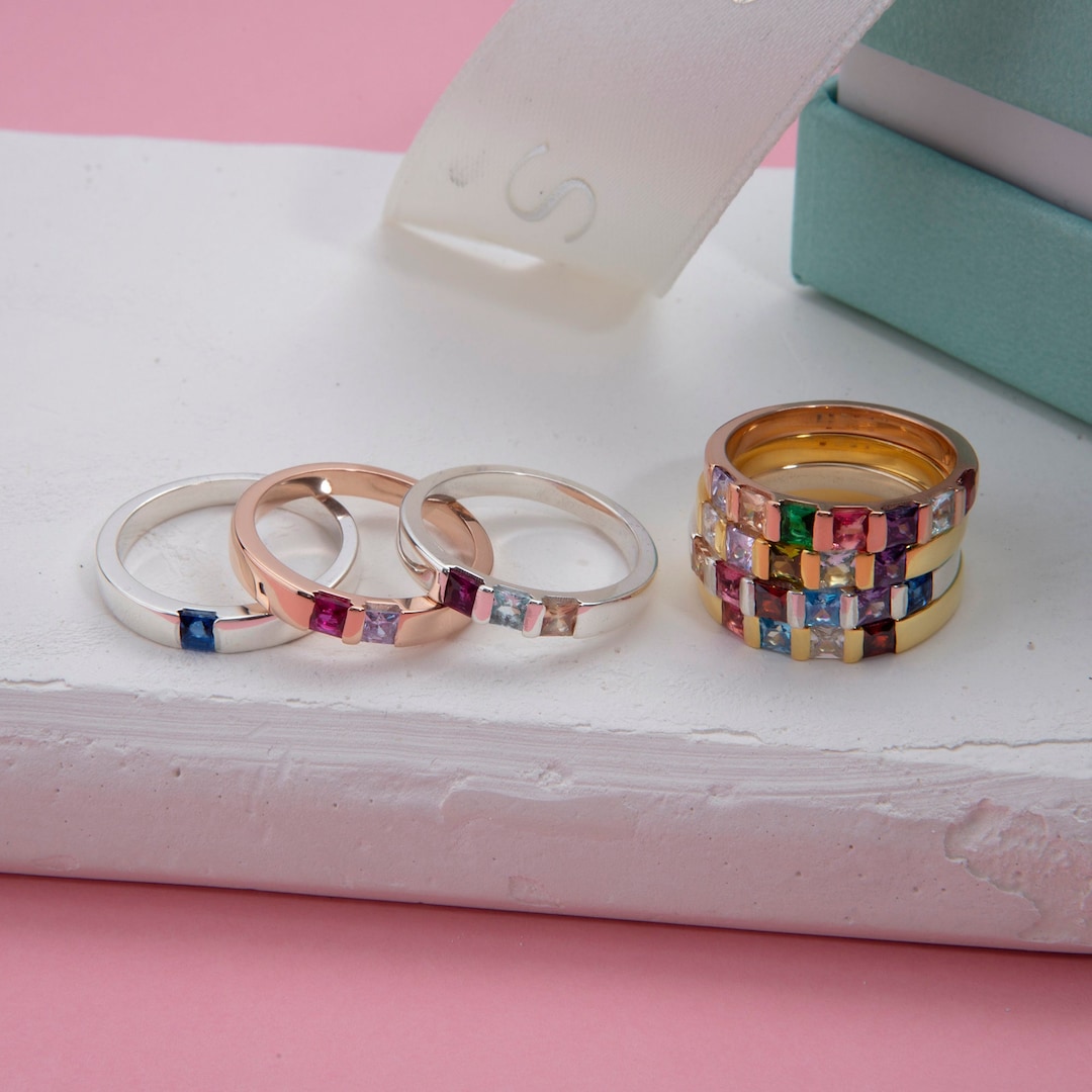 14K Gold Family Birthstone Rings for Mom, Silver Princess Shape Initial ...