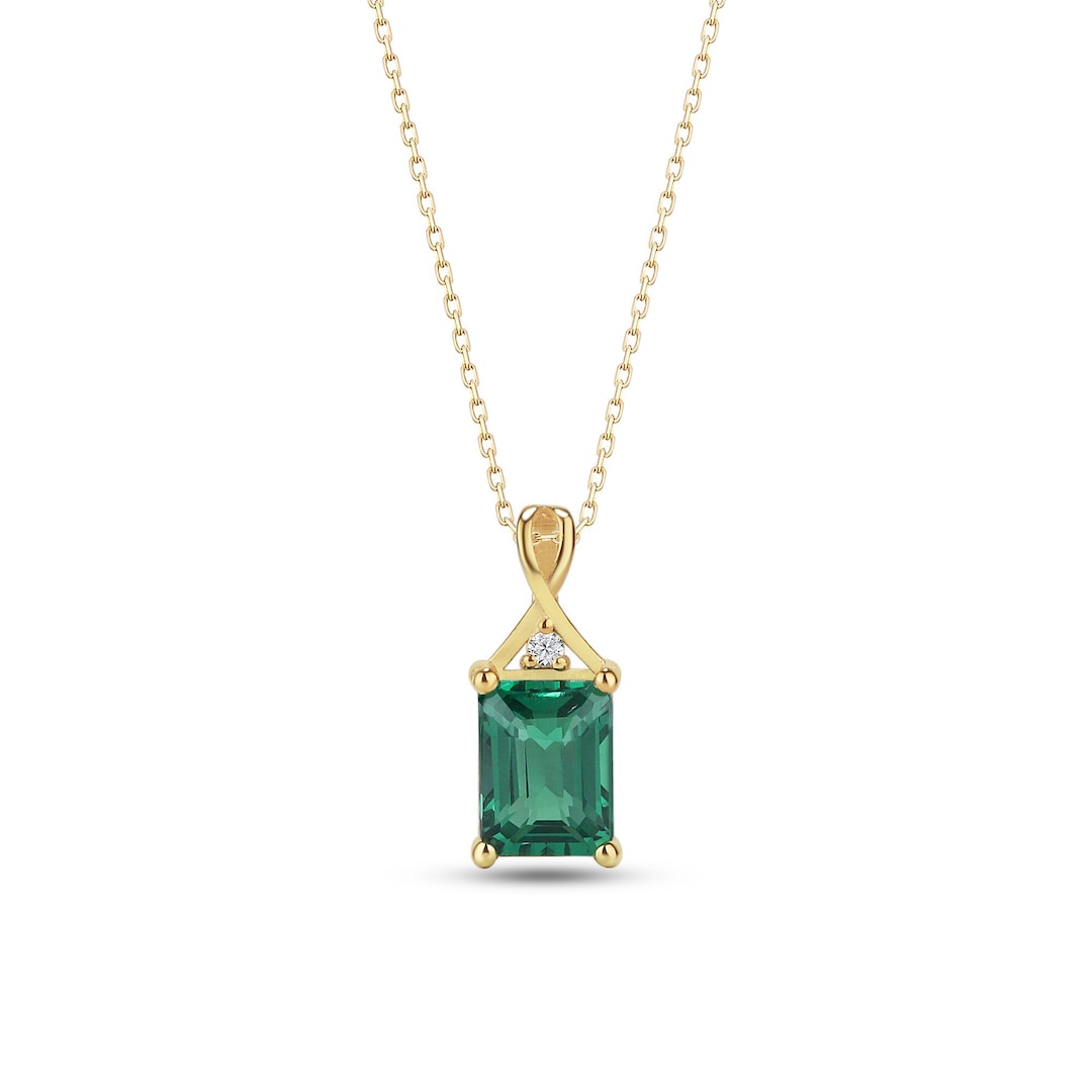 Emerald Necklace Natural Diamond Accent, Dainty Emerald Pendant, May ...