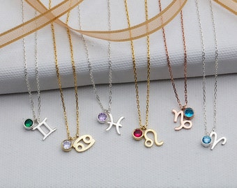 Gifts For Mother's Day, 18K Solid Gold Zodiac Necklaces, Personalized Gifts, Moms Gift, 14K Birthstone Zodiac Pendants, Unique Birthday Gift